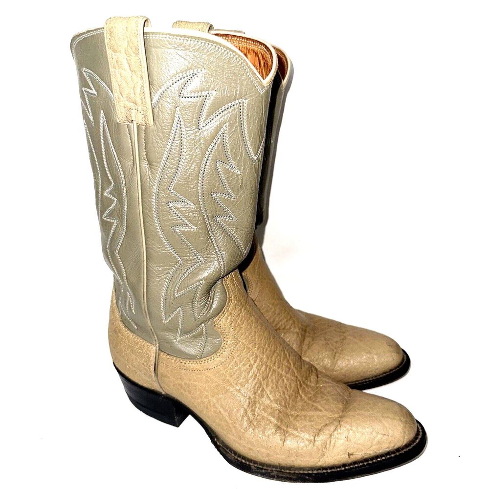 JUSTIN Western Boots Womens Size 6 B Green Tan Beige Roper Leather Cowgirl Vtg